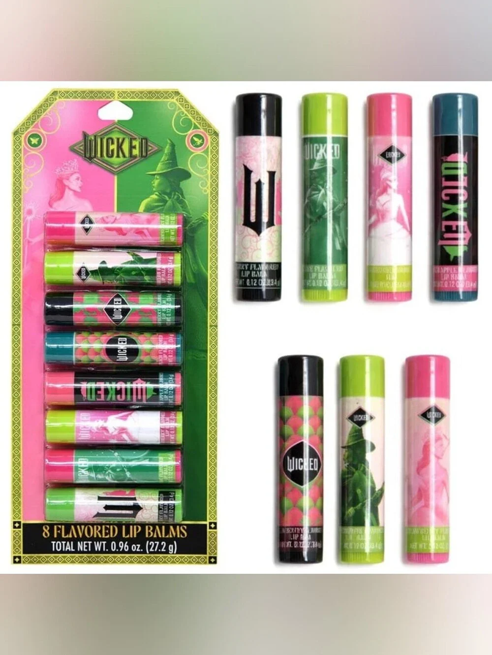 Wicked Lip Balm Set - Pink & Green Glinda 8pk Flavored Lip Balm Set